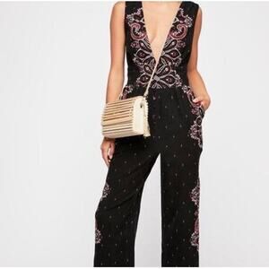 NWT Free People Setting Sun Printed Jumpsuit Paisley Black Sz L Plunging Neck